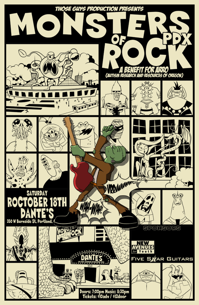 Monsters of Rock PDX Benefit for ARROAutism Cartoon Monsters Poster