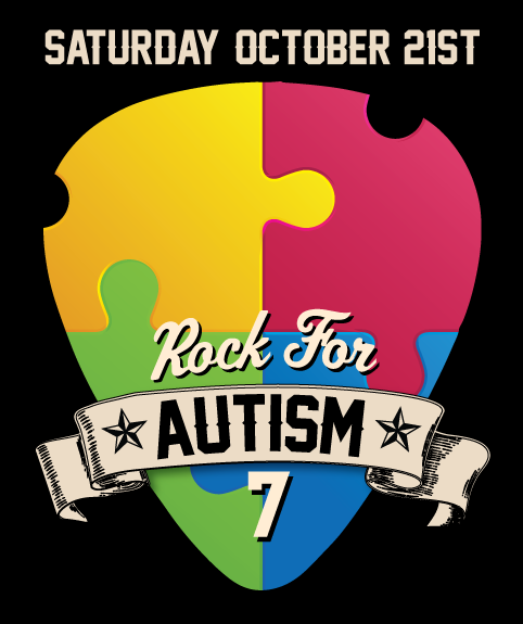 Rock for Autism 7 logo - a puzzle shaped guitar pick with yellow, red, green and blue puzzle pieces, and the words Rock For and the number 7 appearing above and below the word AUTISM which on a banner stretched across the bottom of the pick.