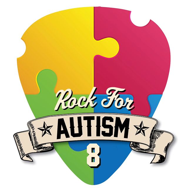 Rock for Autism 8 by Billy Blues Bar and Grill benefiting ARROAutism guitar pick logo of yellow, red, blue and green puzzle pieces